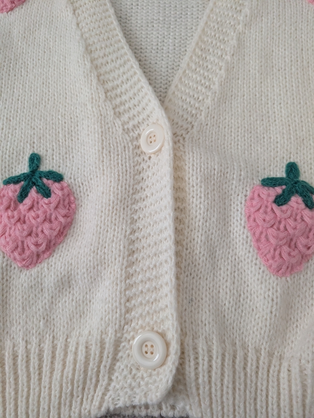 BUNDLE ONLY! Luna Ivy 3D Knit Off White Pink Strawberry Cardigan Sweater Large - Picture 2 of 9